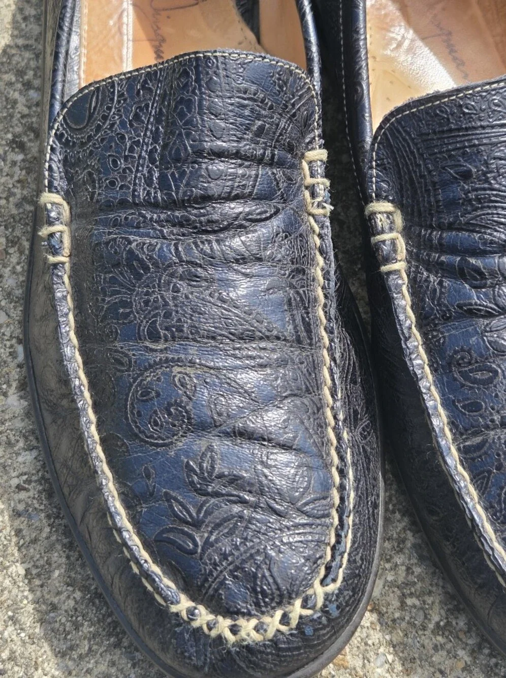 Martin Dingman Blue Paisley Tooled Leather Loafers Shoes 13